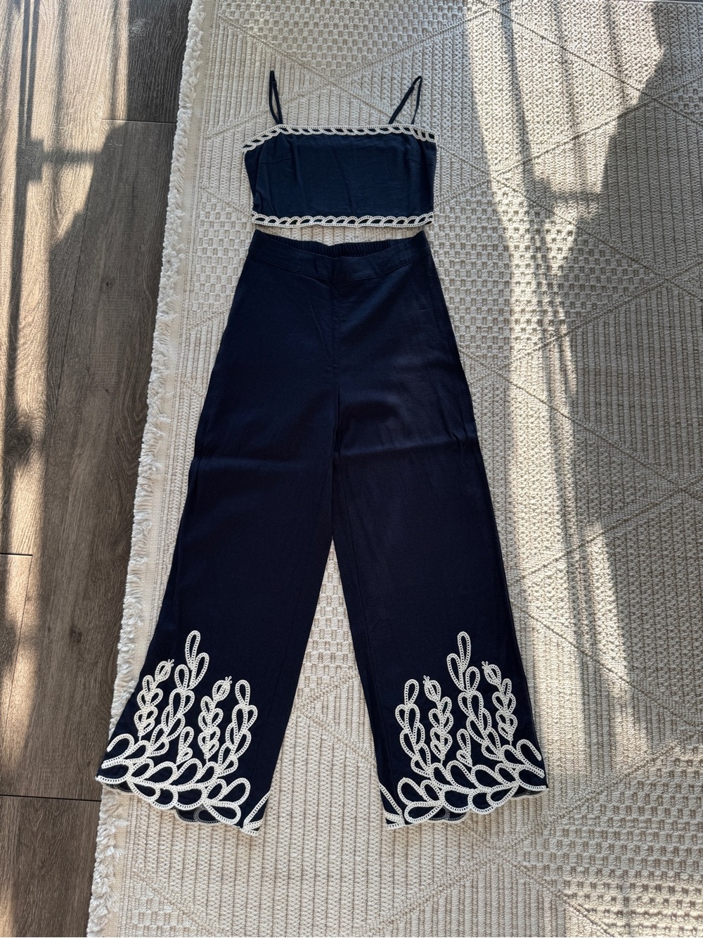 Christian Lacroix Navy Wide-Leg Pants with White Embroidered Hem